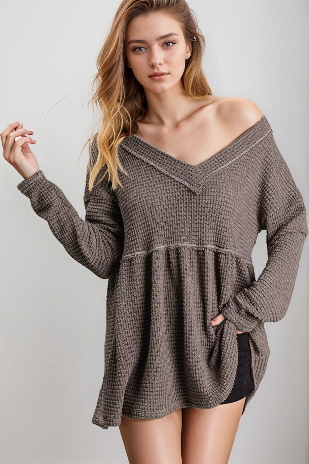 Waffle Knit V Neck Babydoll Dress-Nightgowns-ONVOILA