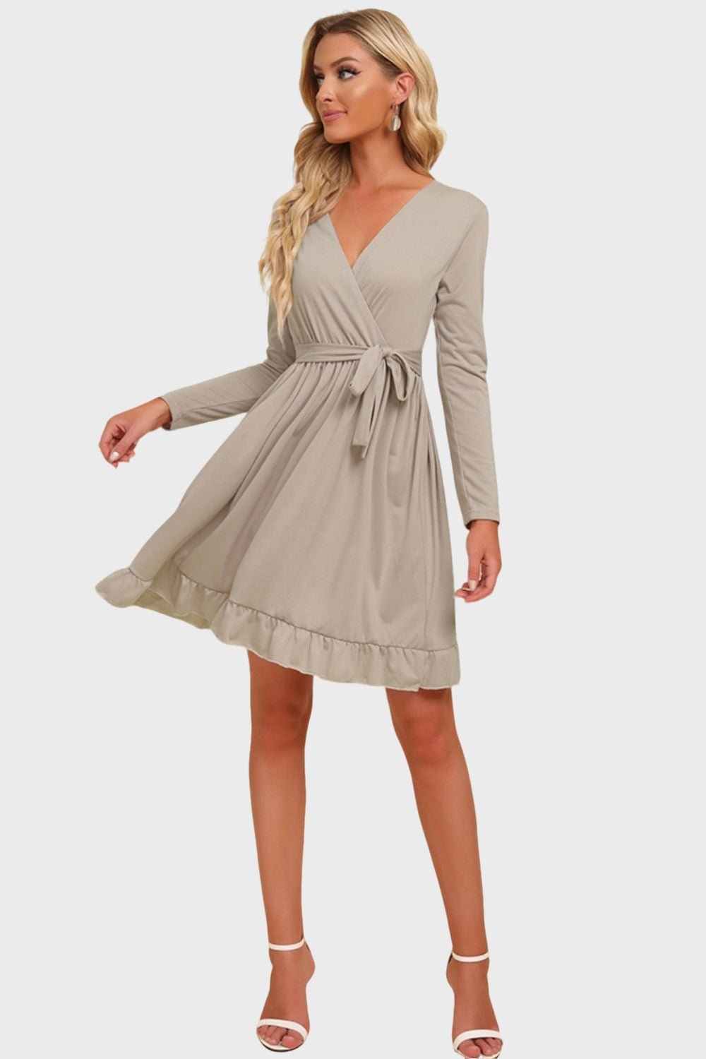 Ruffles | Gigi Tiered Dress - Long Sleeve Tie Waist Dress-Dresses-ONVOILA