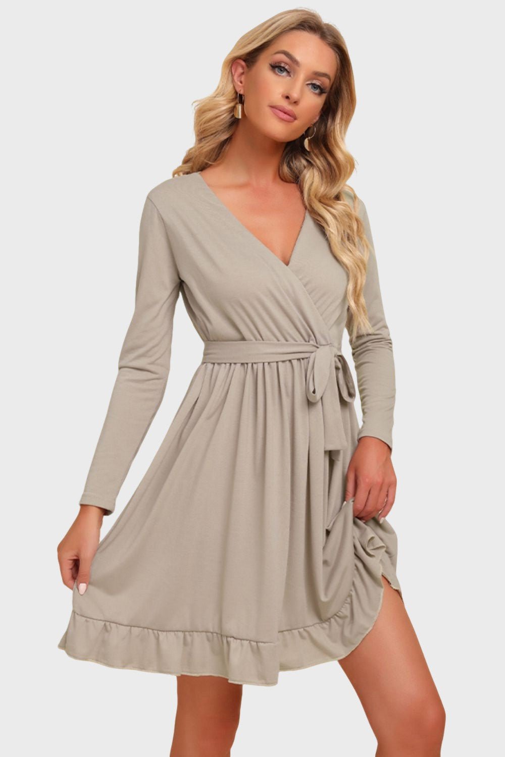 Ruffles | Gigi Tiered Dress - Long Sleeve Tie Waist Dress-Dresses-ONVOILA