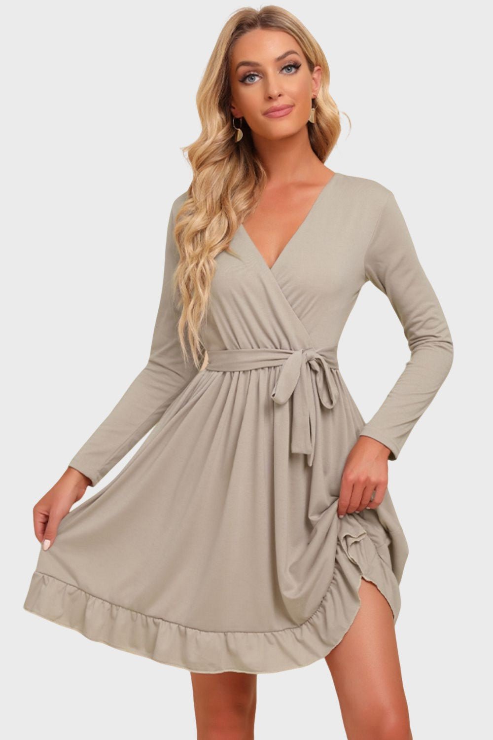 Ruffles | Gigi Tiered Dress - Long Sleeve Tie Waist Dress-Dresses-ONVOILA