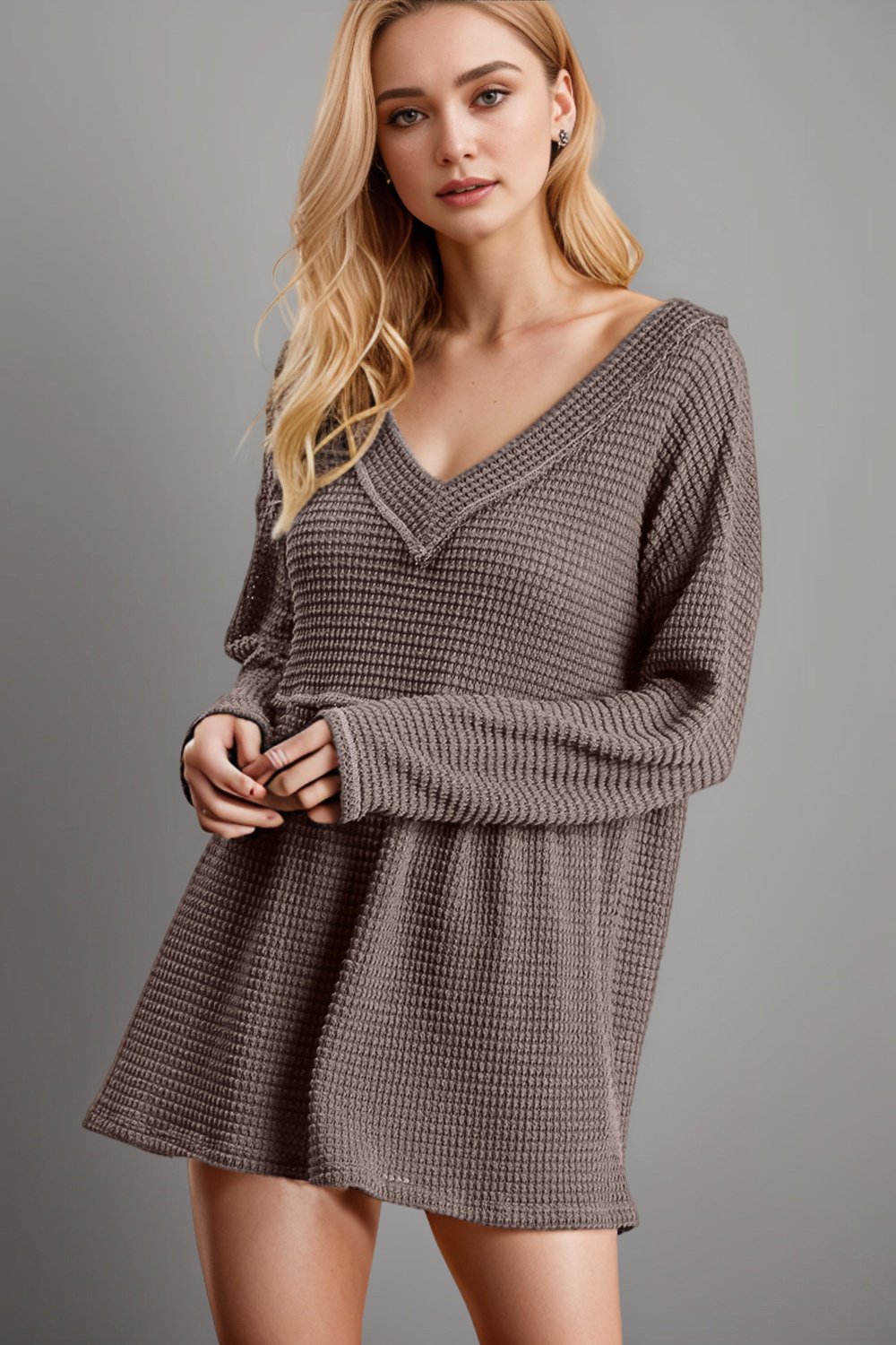 Waffle Knit V Neck Babydoll Dress-Nightgowns-ONVOILA