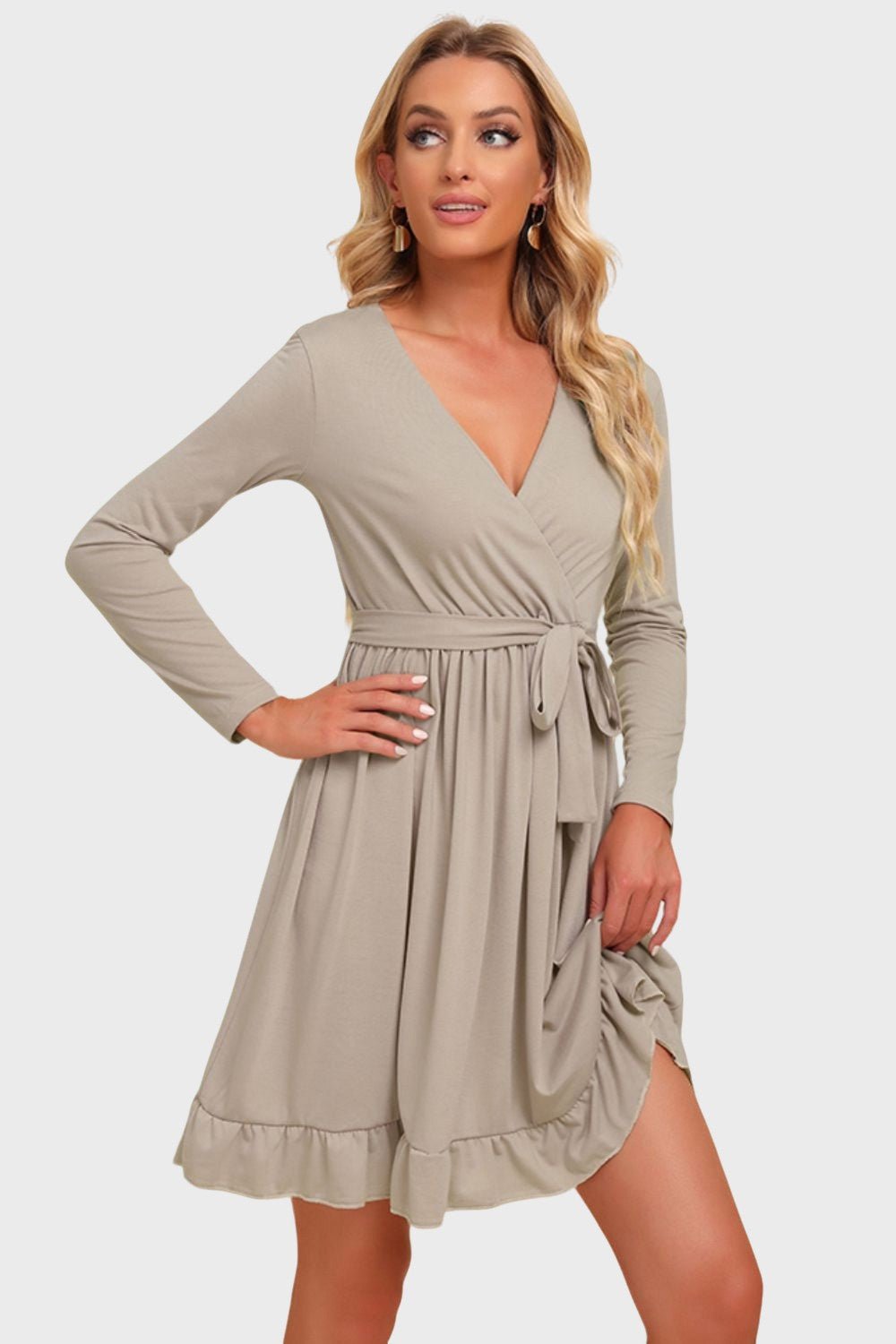 Ruffles | Gigi Tiered Dress - Long Sleeve Tie Waist Dress-Dresses-ONVOILA