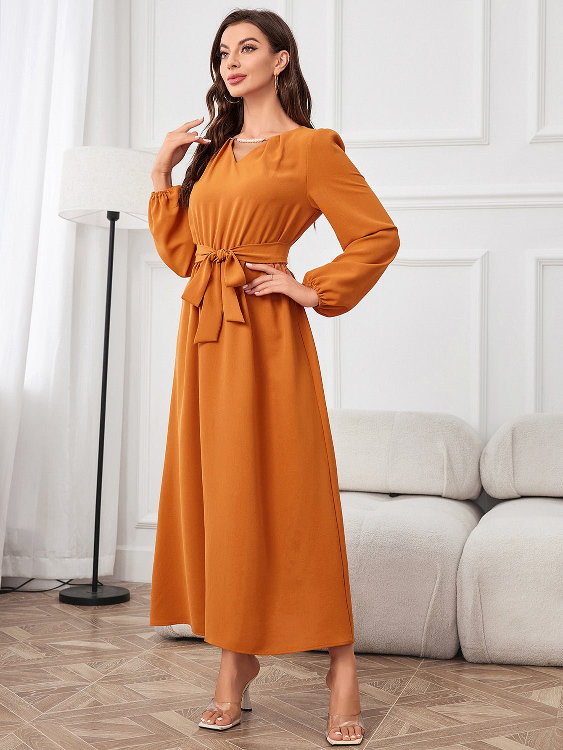 Tie Waist Puff Sleeve Maxi Dress - Dresses - ONVOILA