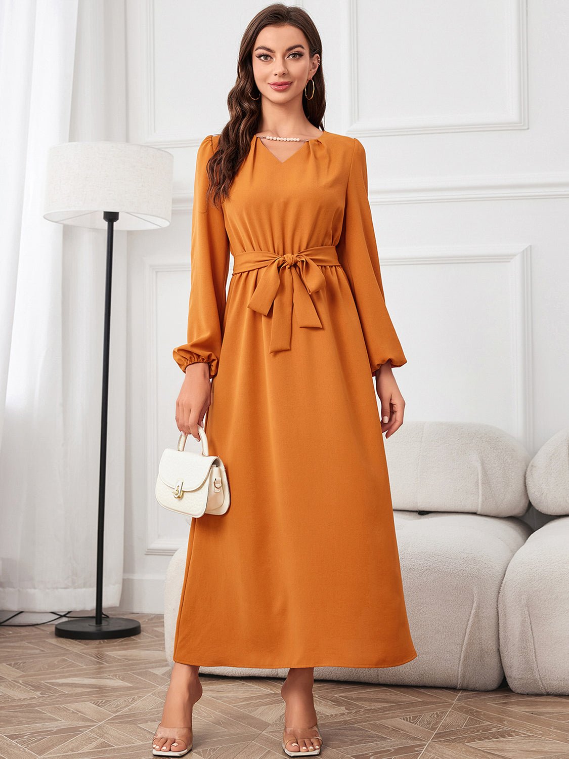 Tie Waist Puff Sleeve Maxi Dress - Dresses - ONVOILA