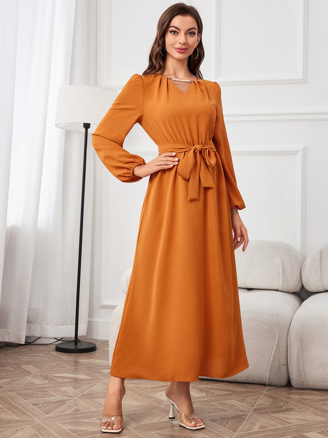 Tie Waist Puff Sleeve Maxi Dress - Dresses - ONVOILA