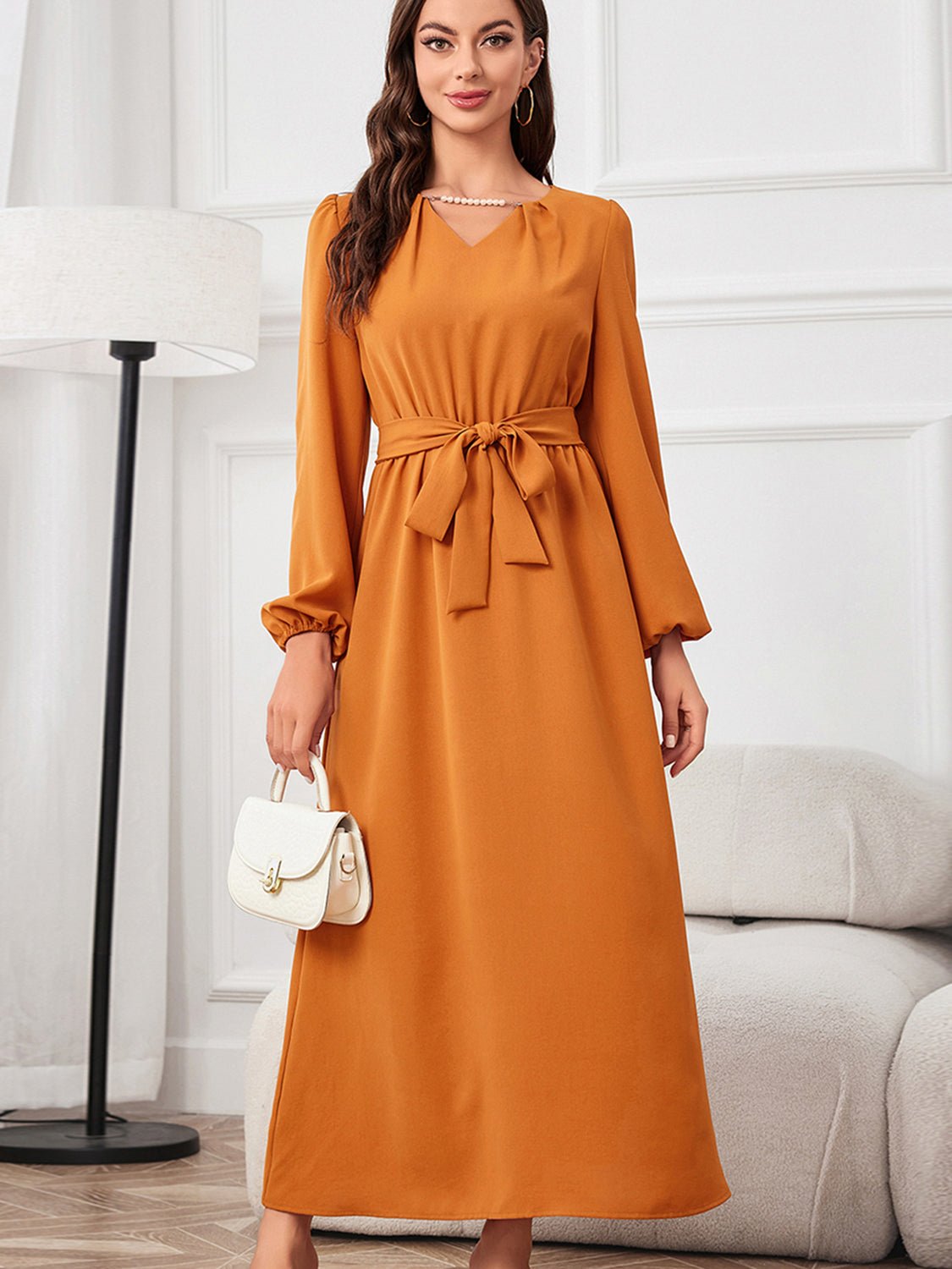 Tie Waist Puff Sleeve Maxi Dress - Dresses - ONVOILA