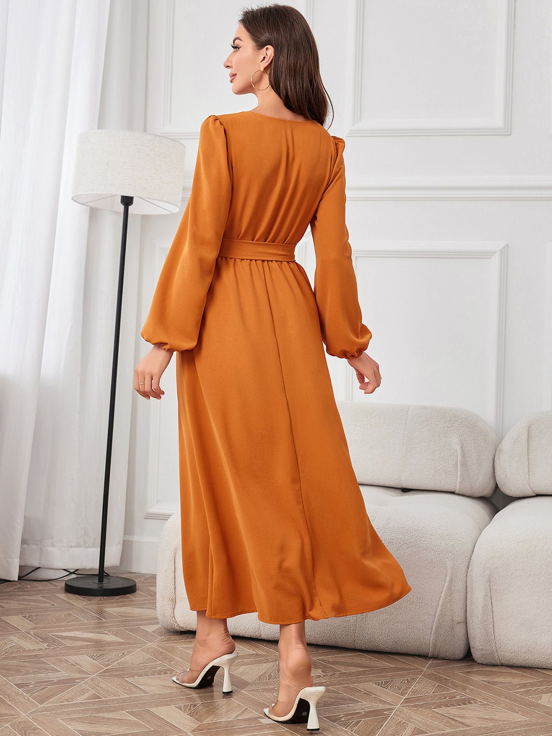 Tie Waist Puff Sleeve Maxi Dress - Dresses - ONVOILA