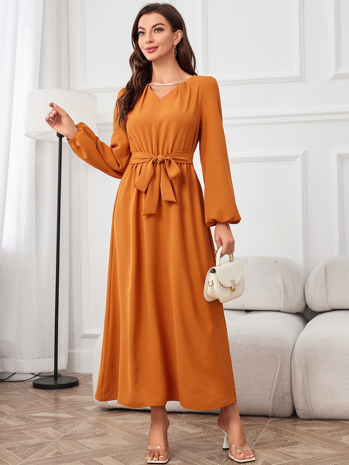 Tie Waist Puff Sleeve Maxi Dress - Dresses - ONVOILA