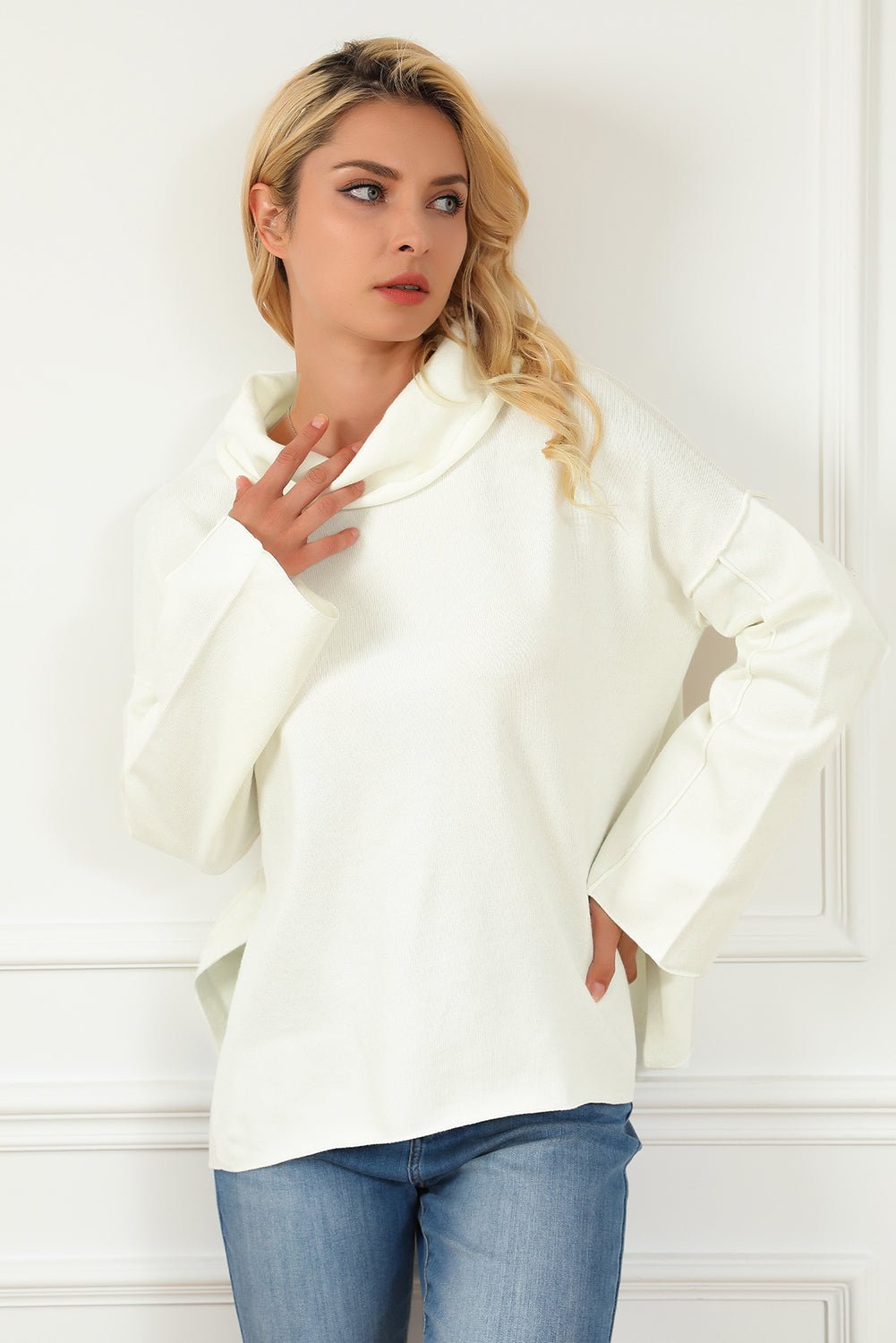 Cashmere Embrace: Dropped Shoulder Knit, Boldly Slit | Modern Opulence-Shirts & Tops-ONVOILA