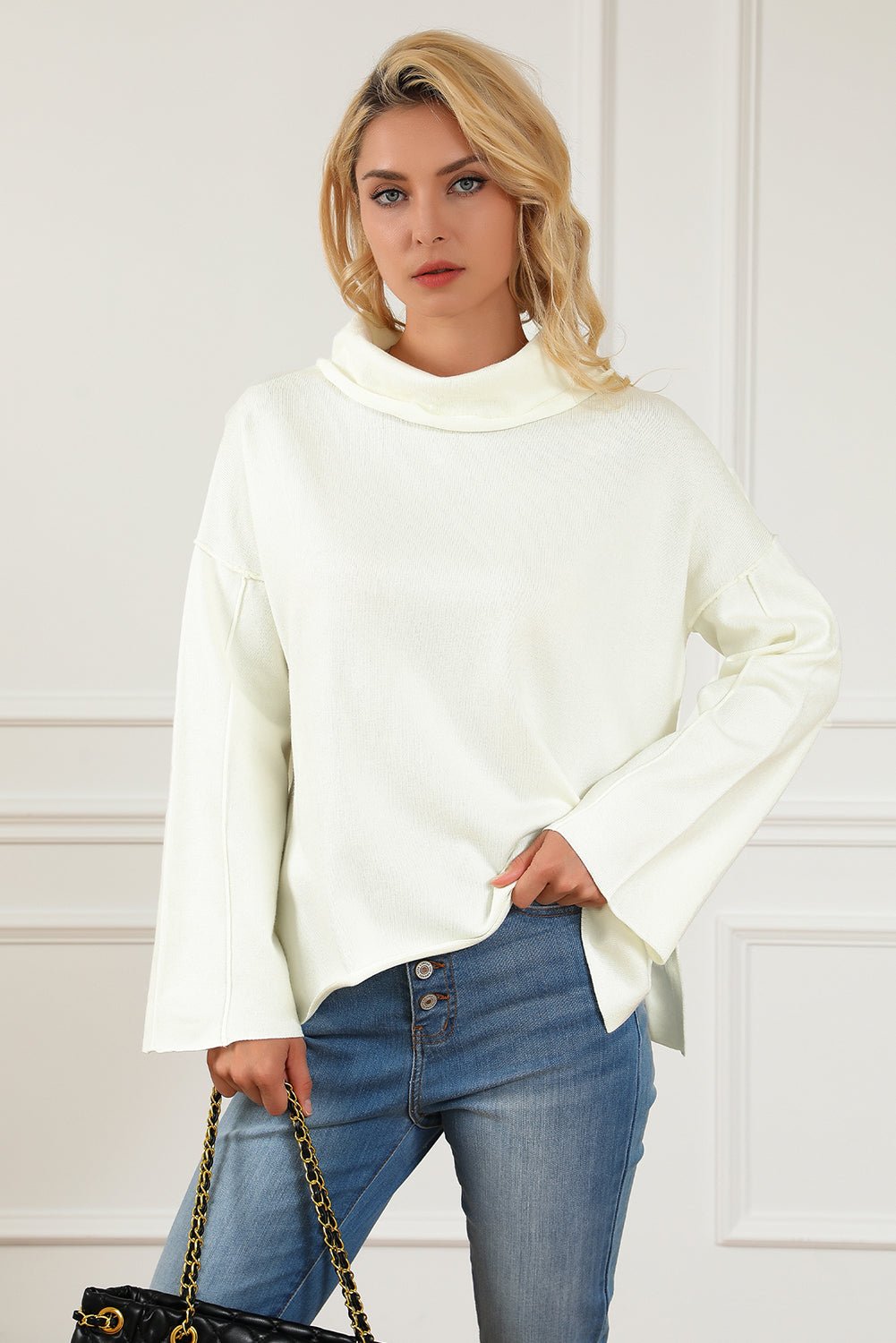 Cashmere Embrace: Dropped Shoulder Knit, Boldly Slit | Modern Opulence-Shirts & Tops-ONVOILA