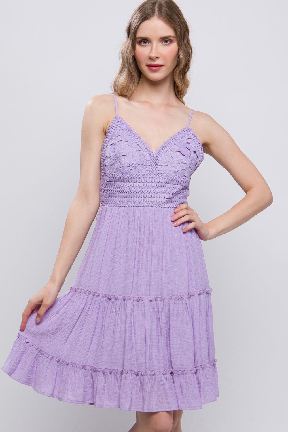 Purple Flowy Lace Mini Cami-Flowy Summer Dress Lace Mini Cami Dress-ONVOILA