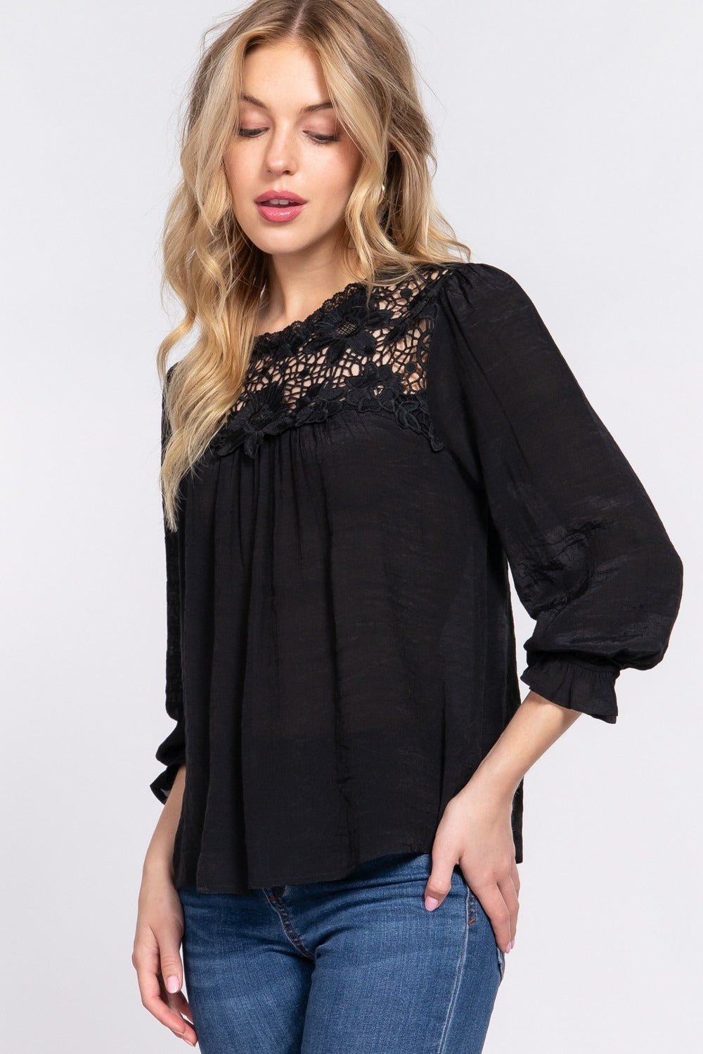 Crochet Lace Blouse with Flowy Sleeves-Shirts & Tops-ONVOILA