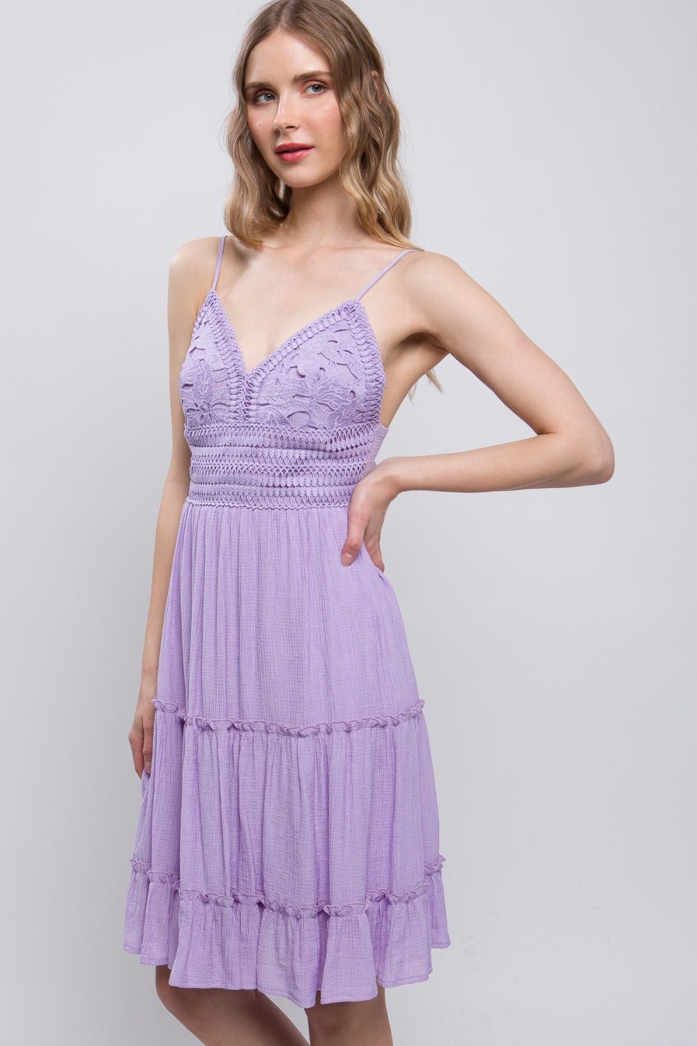 Purple Flowy Lace Mini Cami-Flowy Summer Dress Lace Mini Cami Dress-ONVOILA