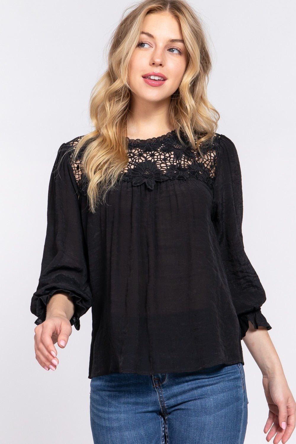 Crochet Lace Blouse with Flowy Sleeves-Shirts & Tops-ONVOILA