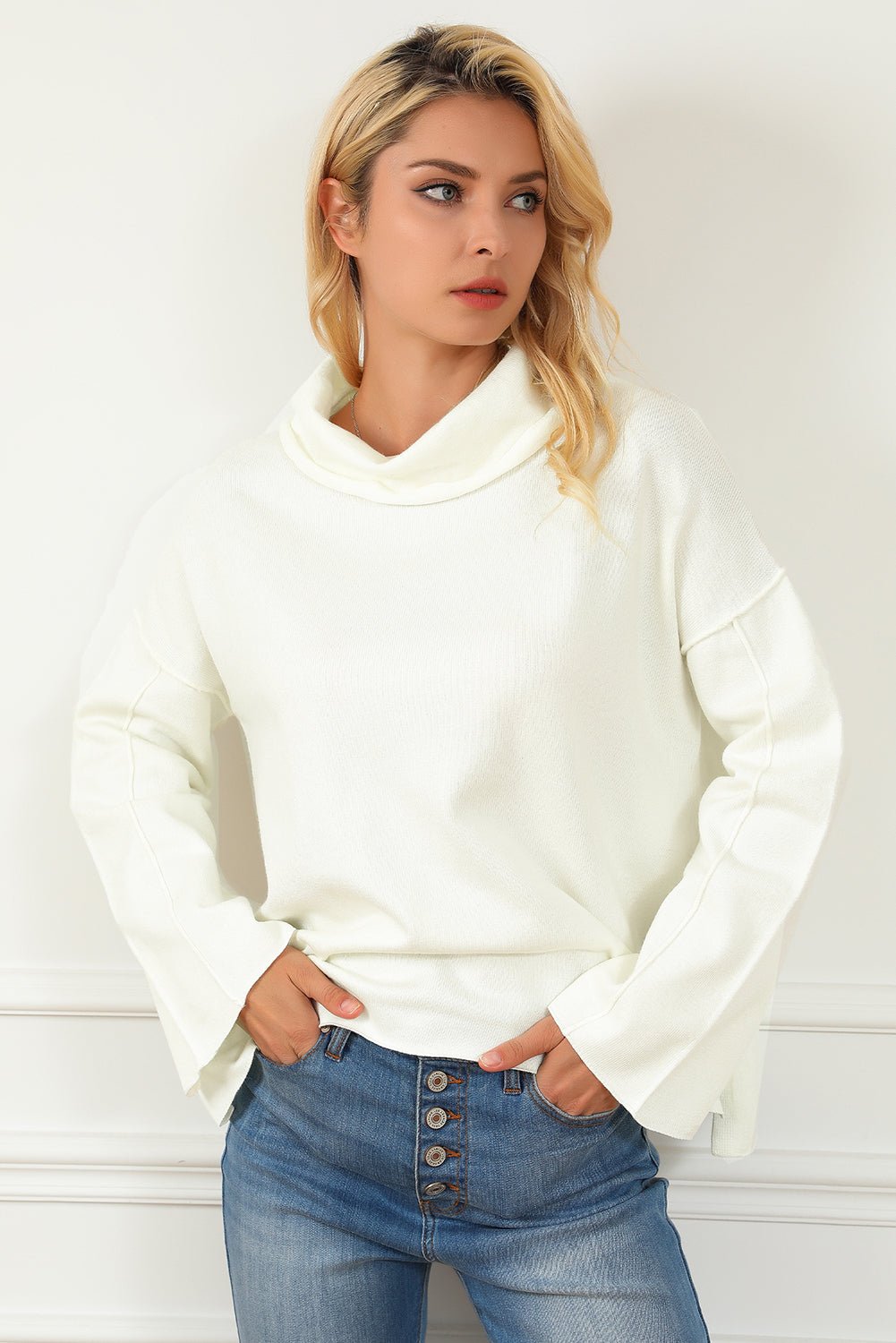 Cashmere Embrace: Dropped Shoulder Knit, Boldly Slit | Modern Opulence-Shirts & Tops-ONVOILA